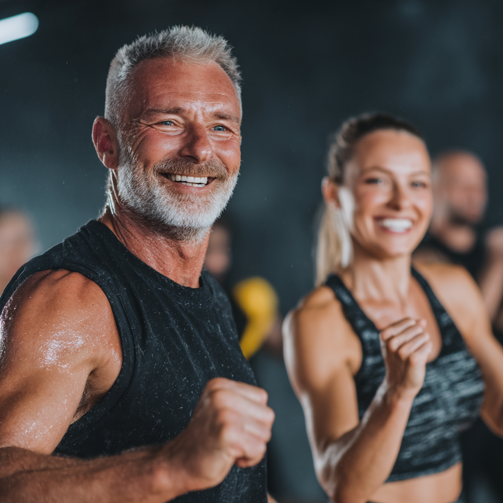 Confident middle-aged Ukrainian adults engaged in strength training exercises in a modern gym setting